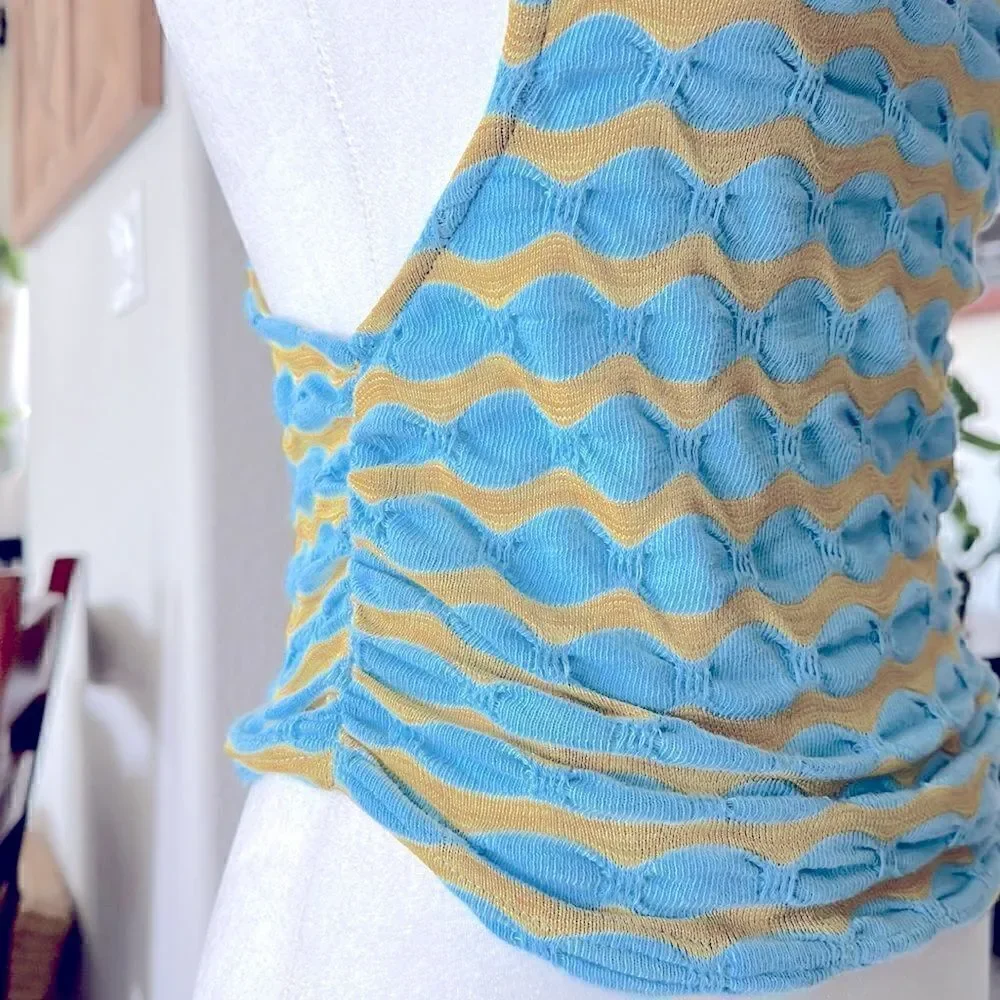NWOT Free People Mock Neck Sleeveless Wavy Stripes Blue Mustard Tank Racer Back